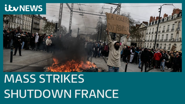 Mass strikes spark shutdowns in France as pension age protesters rally | ITV News