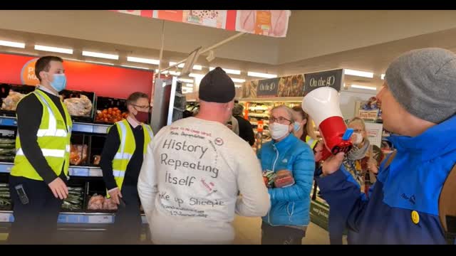 WELL DONE - "Normal people" shopping with megaphone Sainsbury's 11th April uk