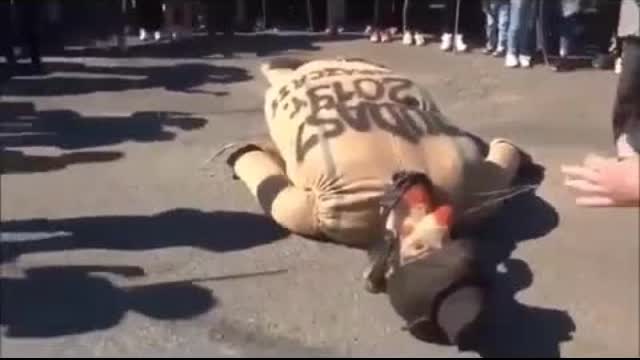 Polish people and kids beating a Jewish mannequin