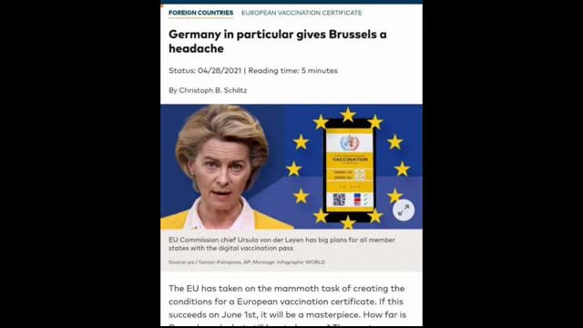 COVID-21 INCOMING?! German news shows covid-21 in an EU vaccine passport graphic.