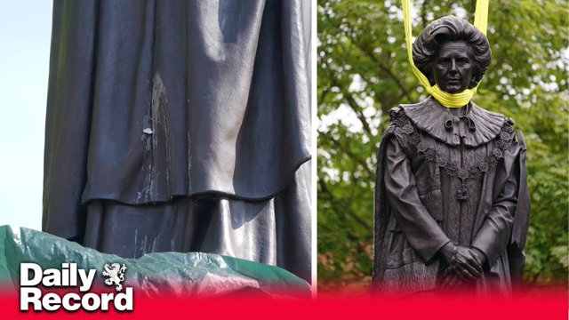 New Margaret Thatcher A.K.A the milk snatcher statue pelted with eggs just hours after being lowered into place