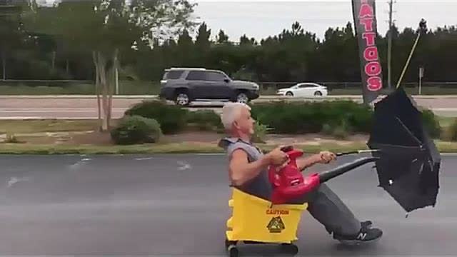 All he needs now is a horn on that thing and he can head for Canada. Hilarious