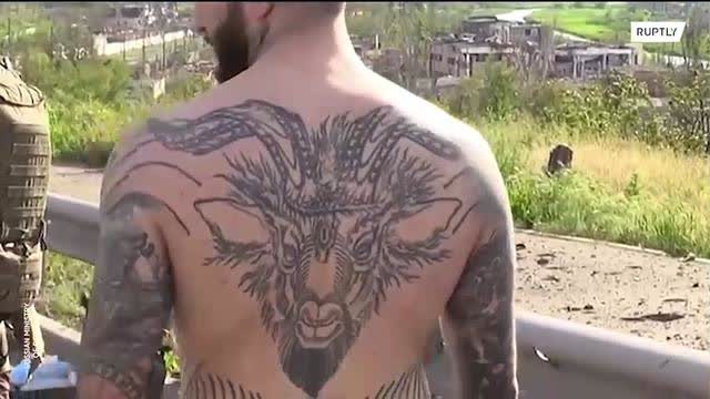 Baphomet tattoo on Ukranian (((ISIS))), I mean (((Azov))) member
