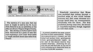 1885 News articles discussing giant 9 foot skeleton, wireless communication & ancestry
